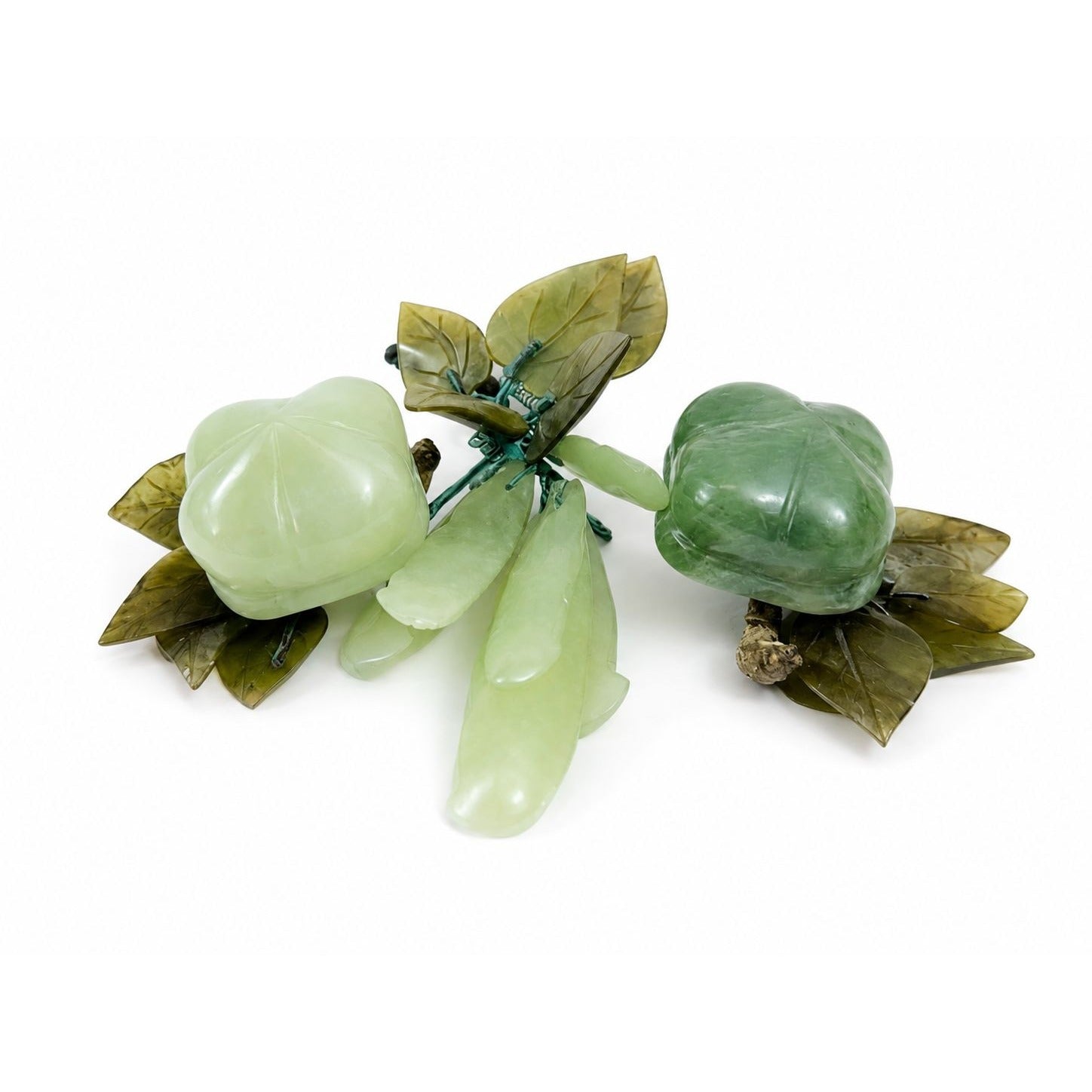 Hand Carved Jade Stone Fruit Stem Flowers Leaves Set 3 Vintage Mid-Century Modern Chinese Oriental Home Decor Decorative Accents Wood Base