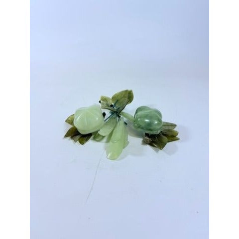 Hand Carved Jade Stone Fruit Stem Flowers Leaves Set 3 Vintage Mid-Century Modern Chinese Oriental Home Decor Decorative Accents Wood Base