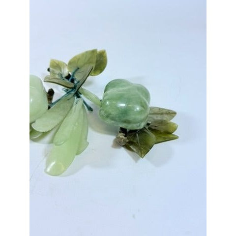 Hand Carved Jade Stone Fruit Stem Flowers Leaves Set 3 Vintage Mid-Century Modern Chinese Oriental Home Decor Decorative Accents Wood Base