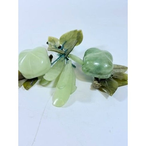 Hand Carved Jade Stone Fruit Stem Flowers Leaves Set 3 Vintage Mid-Century Modern Chinese Oriental Home Decor Decorative Accents Wood Base