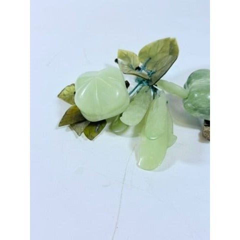 Hand Carved Jade Stone Fruit Stem Flowers Leaves Set 3 Vintage Mid-Century Modern Chinese Oriental Home Decor Decorative Accents Wood Base