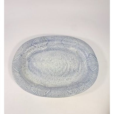 Large Serving Platter Italian Pottery Vintage Seashell Border Hand Painted Blue Gold Fleck Speckle Coastal Grandma Natuical Beach Italy