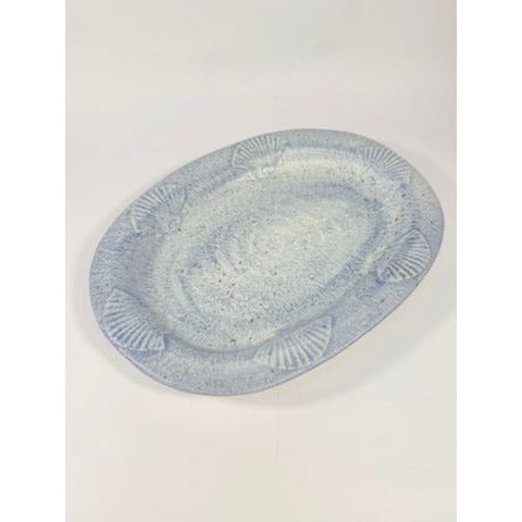 Large Serving Platter Italian Pottery Vintage Seashell Border Hand Painted Blue Gold Fleck Speckle Coastal Grandma Natuical Beach Italy