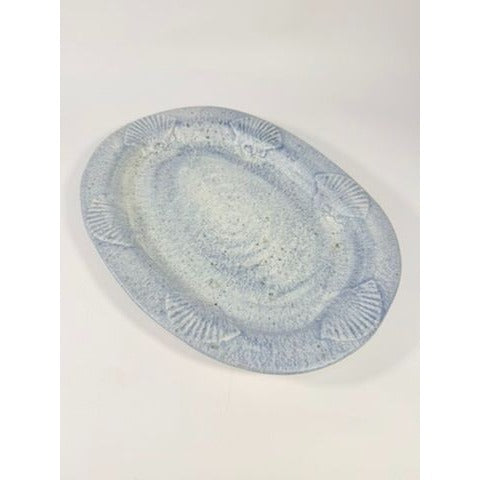 Large Serving Platter Italian Pottery Vintage Seashell Border Hand Painted Blue Gold Fleck Speckle Coastal Grandma Natuical Beach Italy