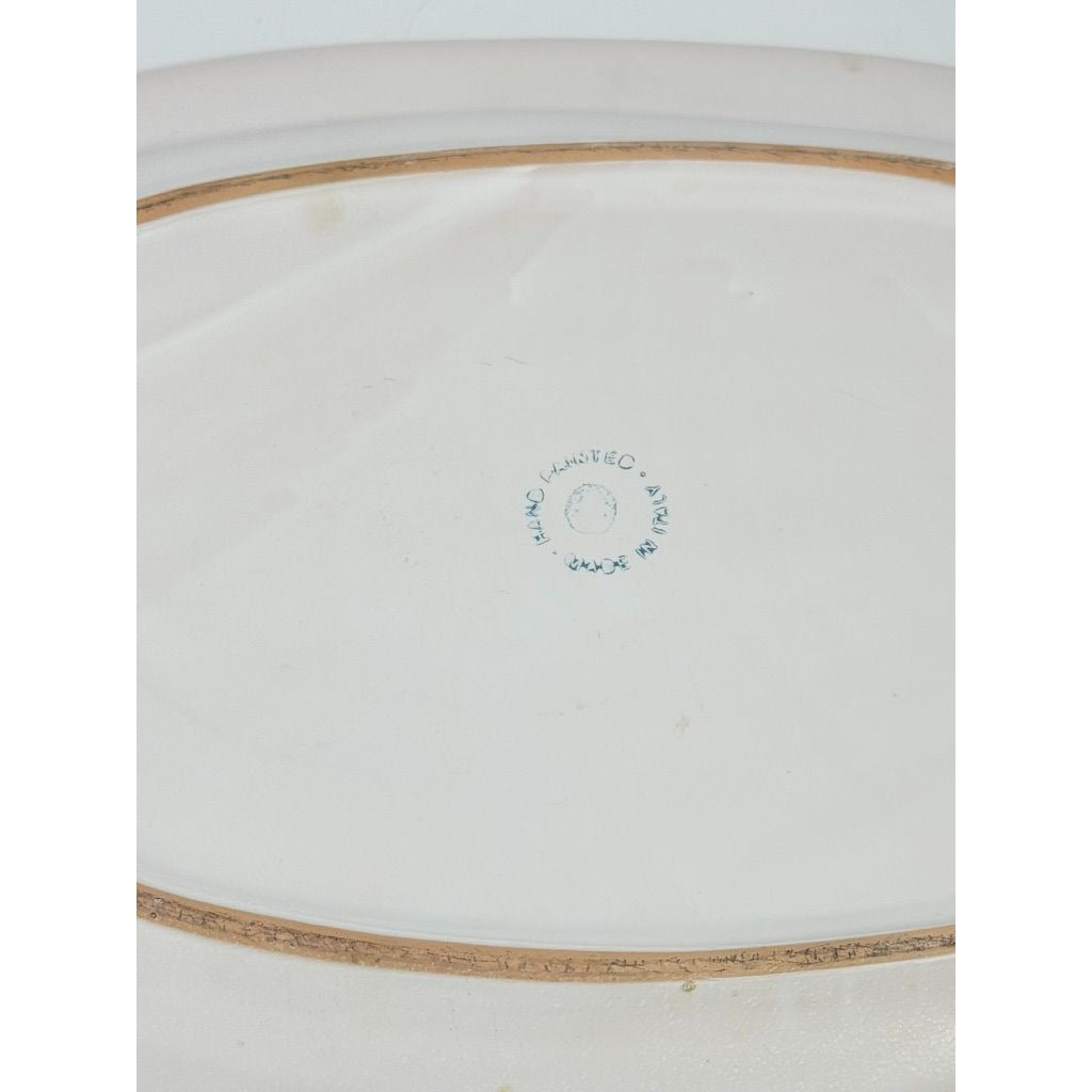 Large Serving Platter Italian Pottery Vintage Seashell Border Hand Painted Blue Gold Fleck Speckle Coastal Grandma Natuical Beach Italy