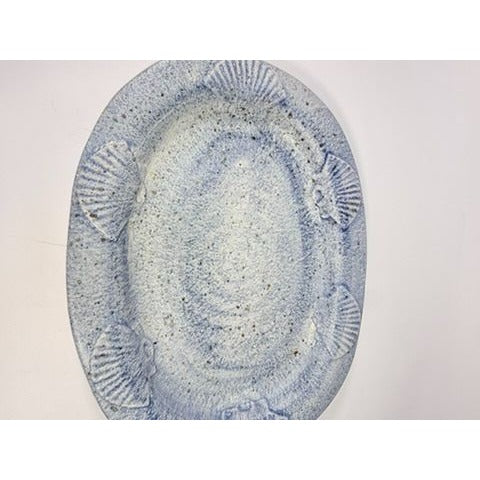 Large Serving Platter Italian Pottery Vintage Seashell Border Hand Painted Blue Gold Fleck Speckle Coastal Grandma Natuical Beach Italy