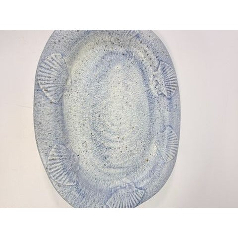 Large Serving Platter Italian Pottery Vintage Seashell Border Hand Painted Blue Gold Fleck Speckle Coastal Grandma Natuical Beach Italy