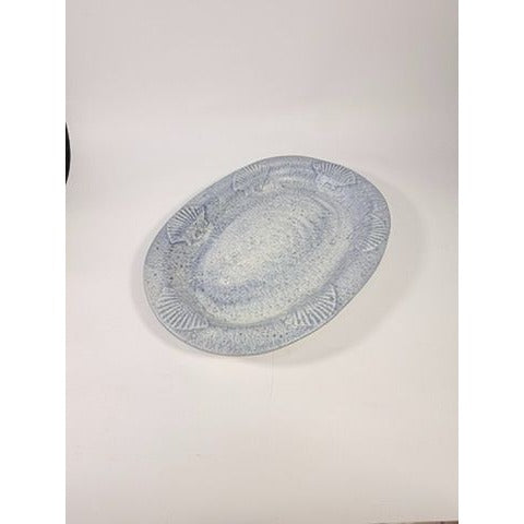 Large Serving Platter Italian Pottery Vintage Seashell Border Hand Painted Blue Gold Fleck Speckle Coastal Grandma Natuical Beach Italy