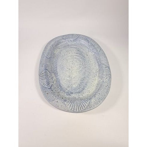 Large Serving Platter Italian Pottery Vintage Seashell Border Hand Painted Blue Gold Fleck Speckle Coastal Grandma Natuical Beach Italy
