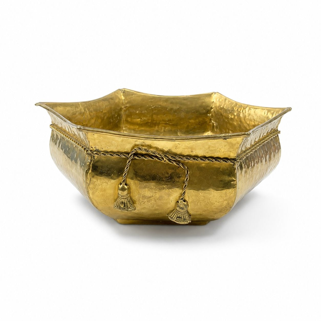 Jardiniere Planter Cache Pot Hammered Brass Rope Tassel Houseplant Floral Arrangement Vintage Table Home Decor Traditional Grand Millennial