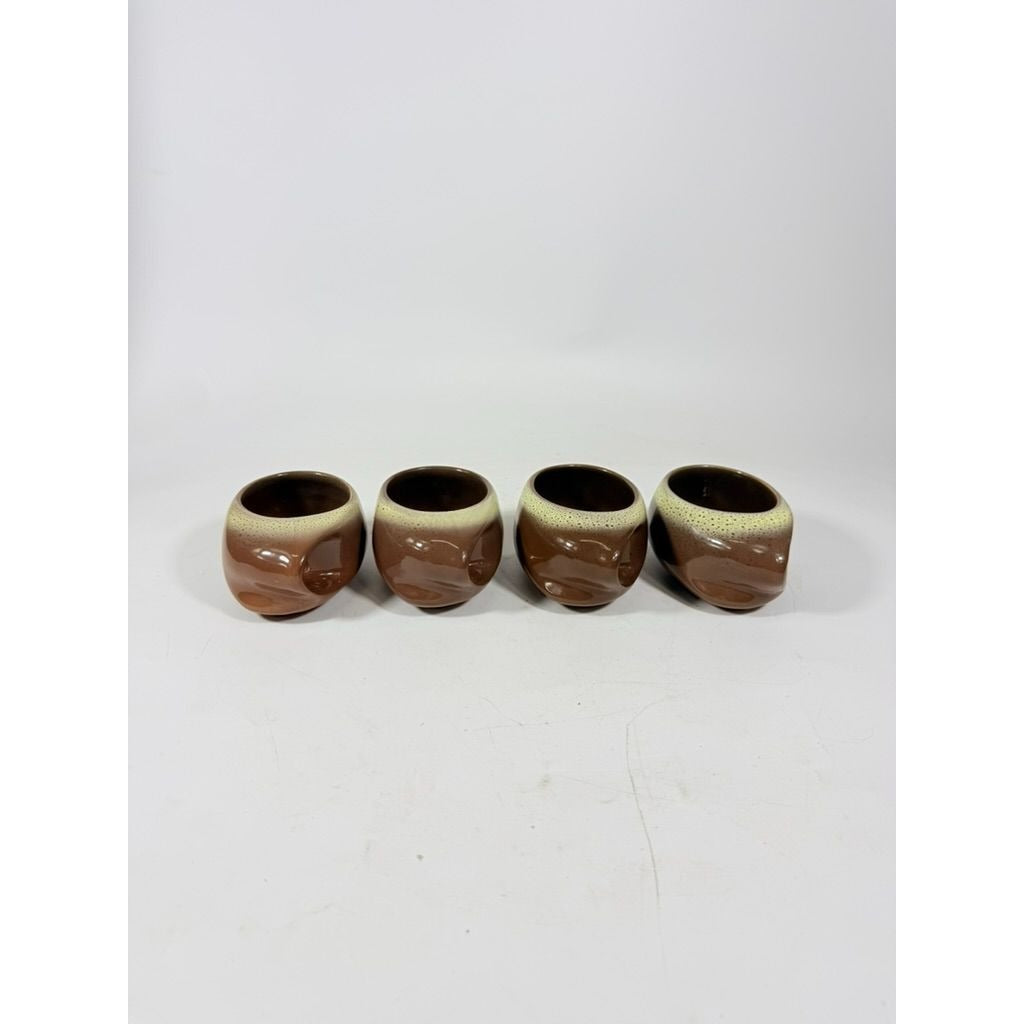 Coffee Tea Mugs Cups Tamac Pottery Frosty Fudge Brown Set 4 Perry Oklahoma Mid Century MCM 1950s abstract biomoric One Hander