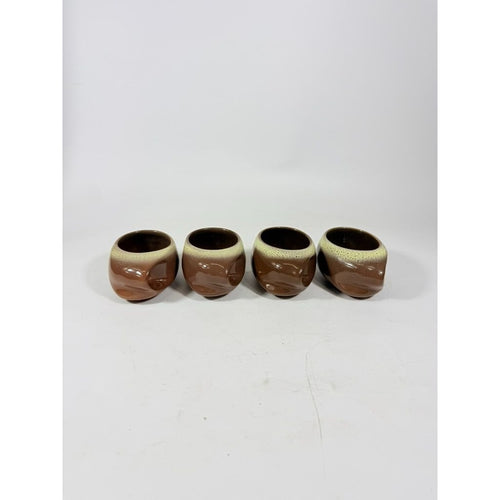 Coffee Tea Mugs Cups Tamac Pottery Frosty Fudge Brown Set 4 Perry Oklahoma Mid Century MCM 1950s abstract biomoric One Hander