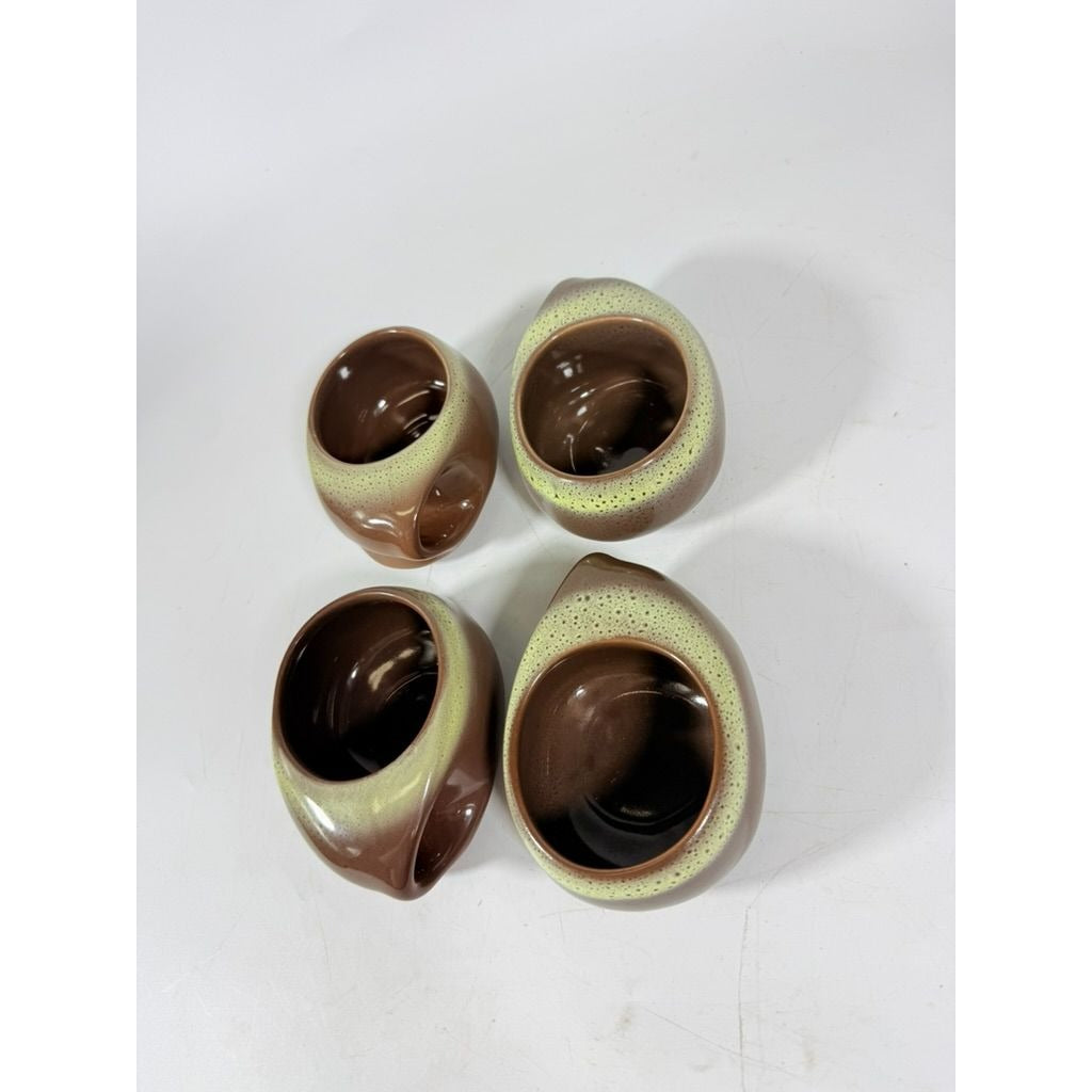 Coffee Tea Mugs Cups Tamac Pottery Frosty Fudge Brown Set 4 Perry Oklahoma Mid Century MCM 1950s abstract biomoric One Hander