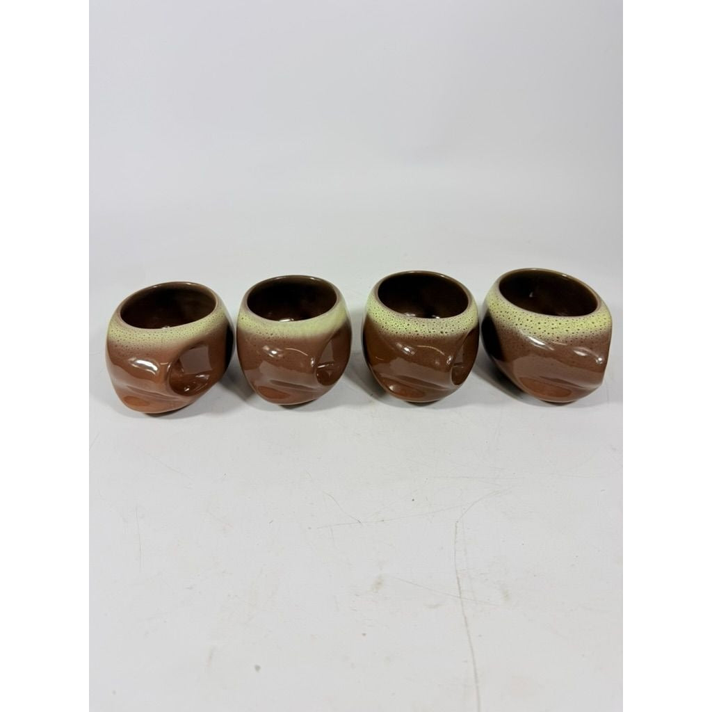 Coffee Tea Mugs Cups Tamac Pottery Frosty Fudge Brown Set 4 Perry Oklahoma Mid Century MCM 1950s abstract biomoric One Hander
