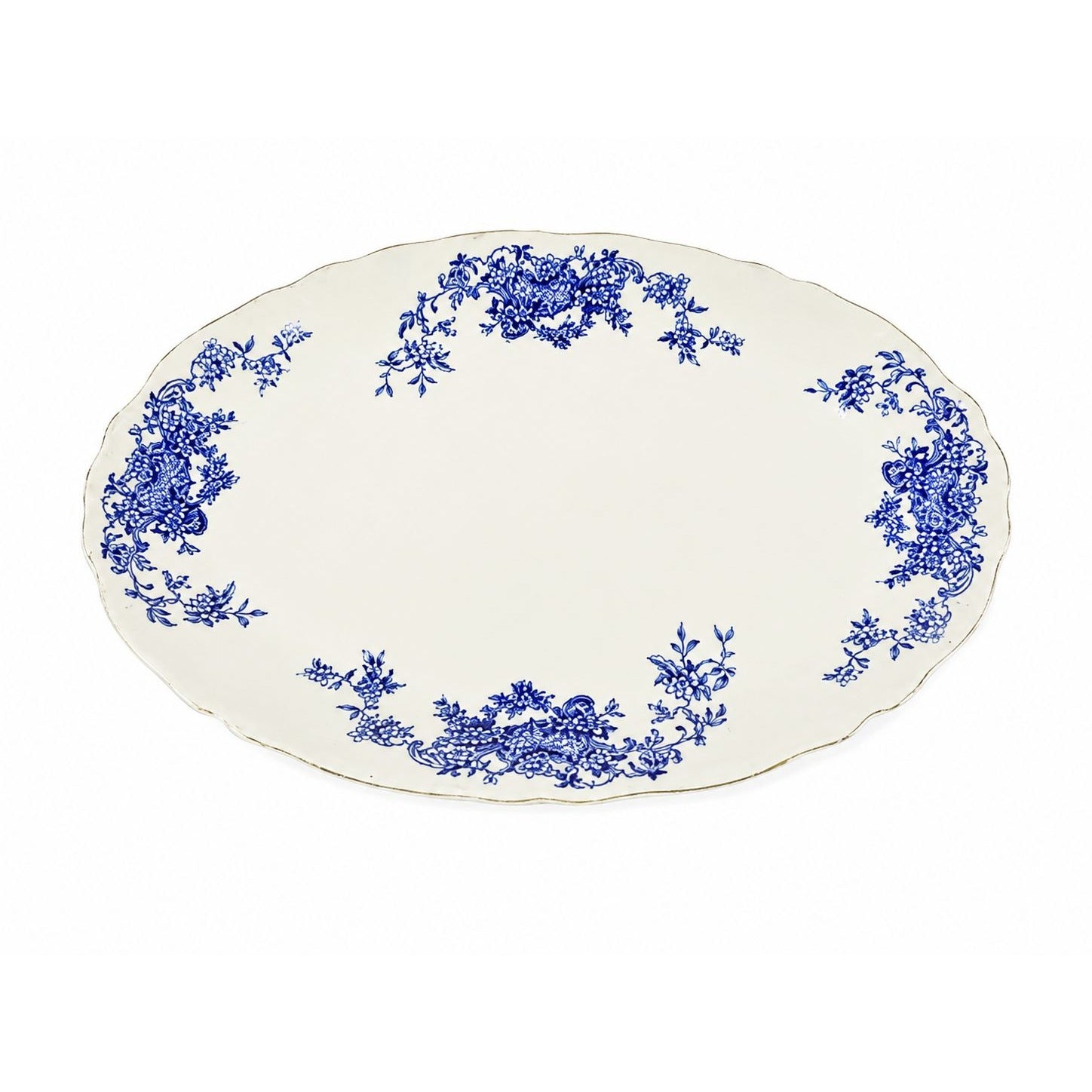 Transferware Rimmed Serving Platter Flow Blue Cresent Utophia Alpha Blue and White Replacement China Trenton NJ Ironstone