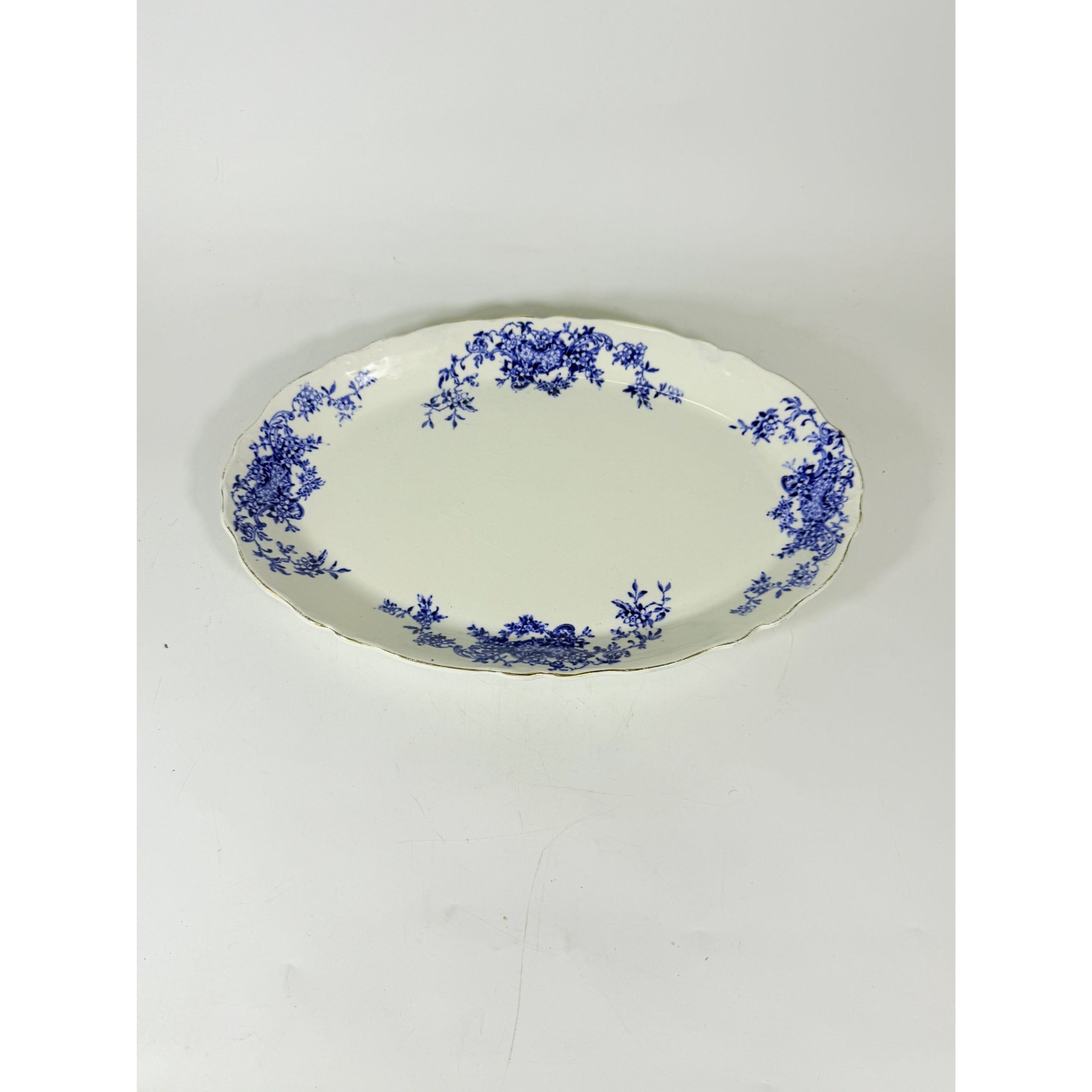 Transferware Rimmed Serving Platter Flow Blue Cresent Utophia Alpha Blue and White Replacement China Trenton NJ Ironstone