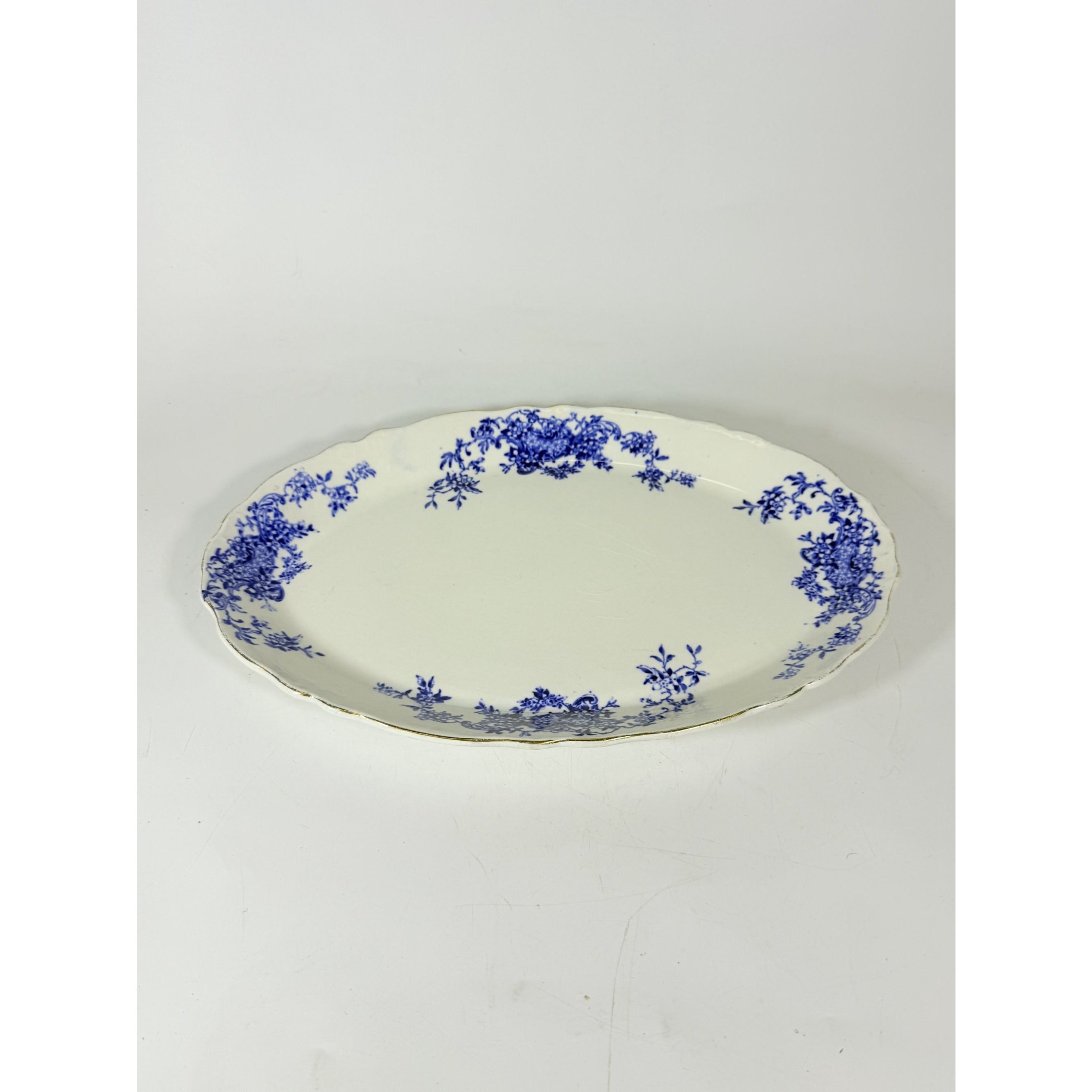 Transferware Rimmed Serving Platter Flow Blue Cresent Utophia Alpha Blue and White Replacement China Trenton NJ Ironstone