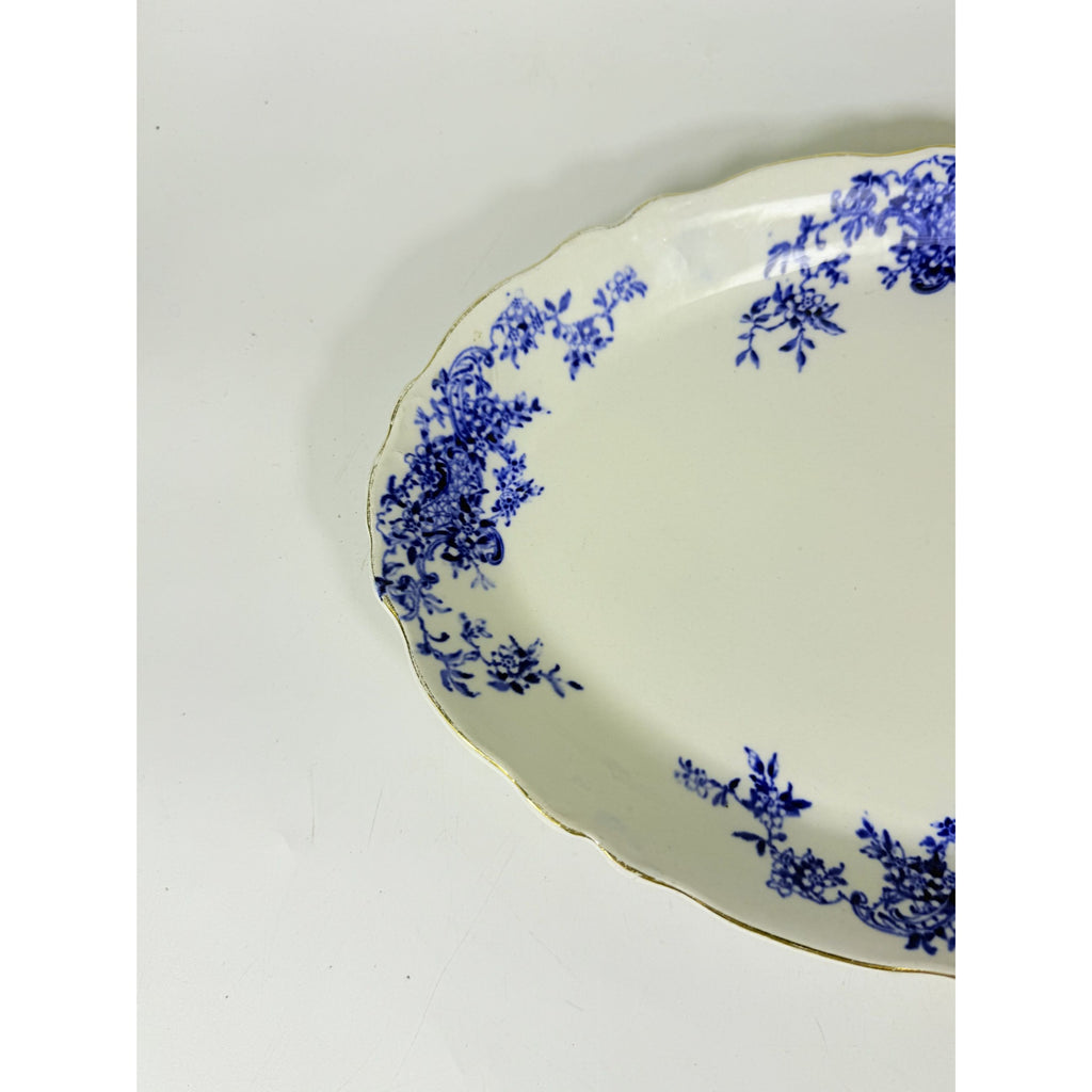 Transferware Rimmed Serving Platter Flow Blue Cresent Utophia Alpha Blue and White Replacement China Trenton NJ Ironstone