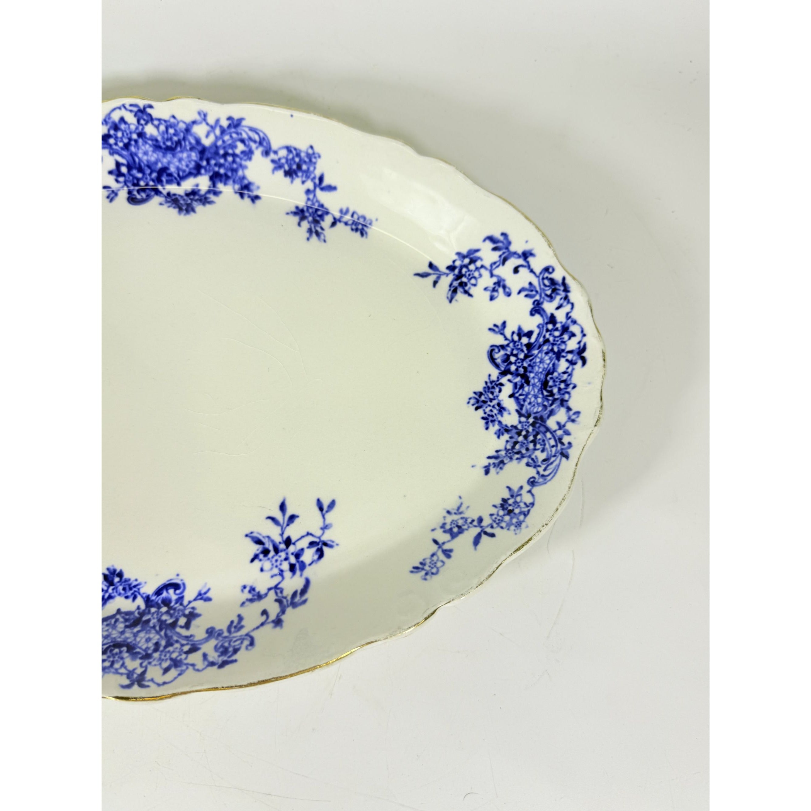 Transferware Rimmed Serving Platter Flow Blue Cresent Utophia Alpha Blue and White Replacement China Trenton NJ Ironstone