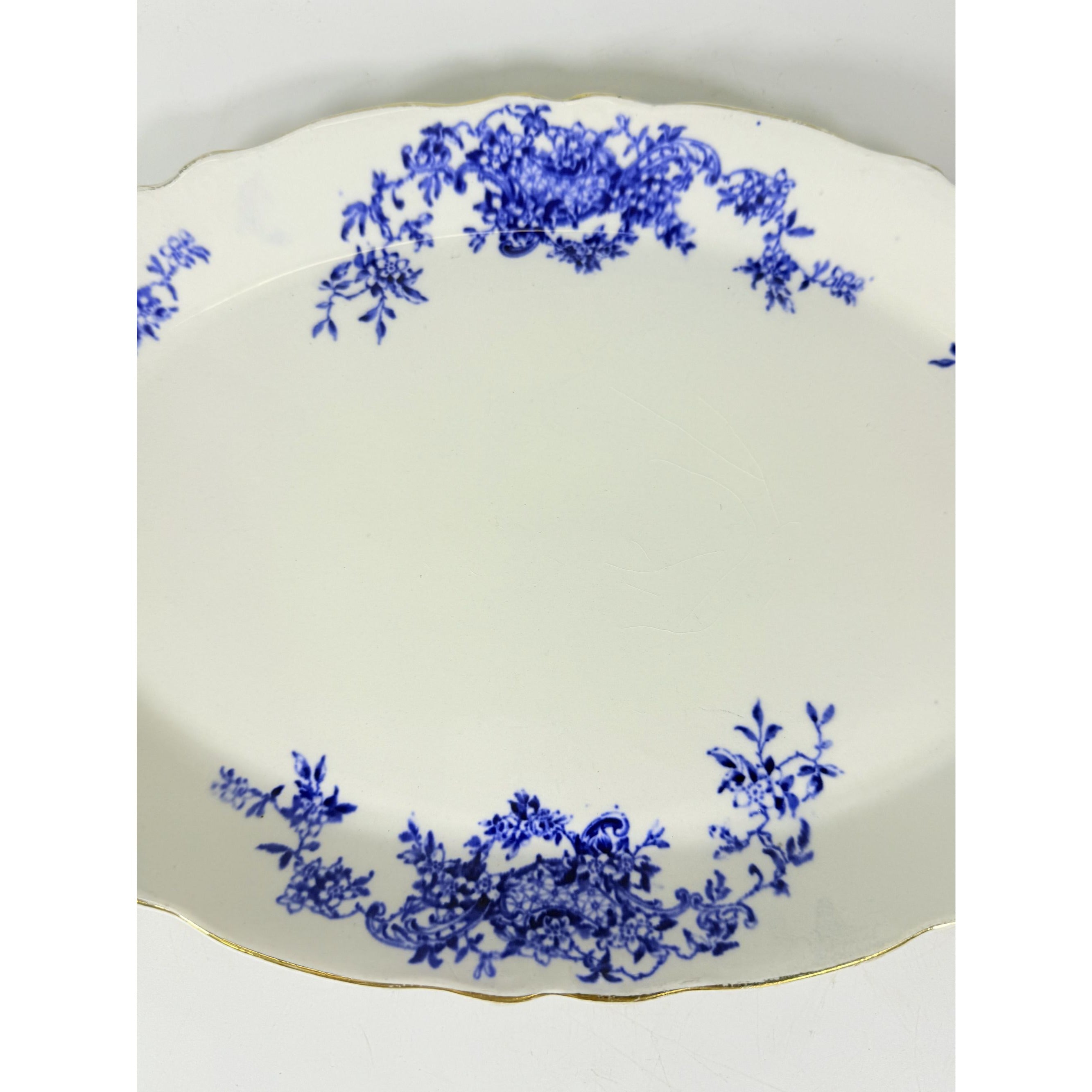 Transferware Rimmed Serving Platter Flow Blue Cresent Utophia Alpha Blue and White Replacement China Trenton NJ Ironstone