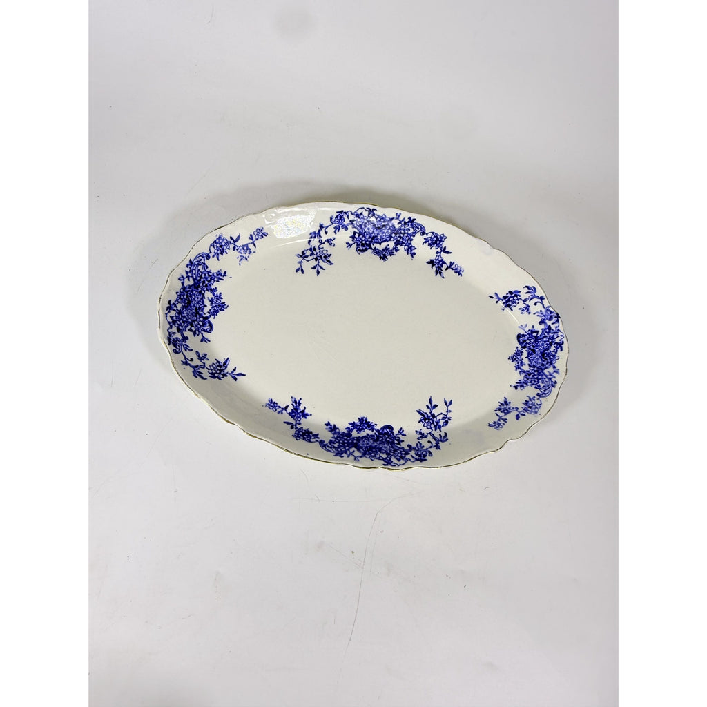 Transferware Rimmed Serving Platter Flow Blue Cresent Utophia Alpha Blue and White Replacement China Trenton NJ Ironstone