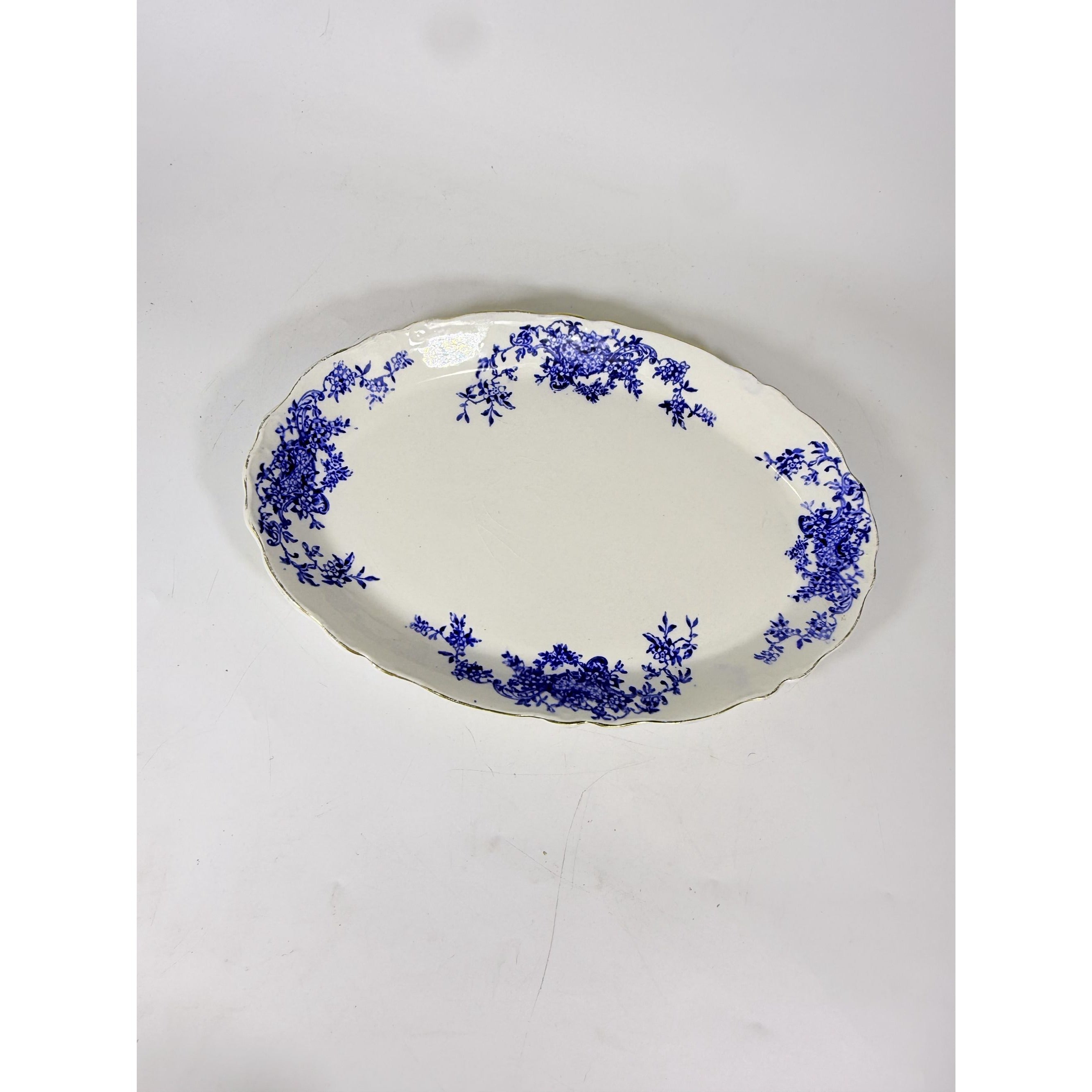 Transferware Rimmed Serving Platter Flow Blue Cresent Utophia Alpha Blue and White Replacement China Trenton NJ Ironstone