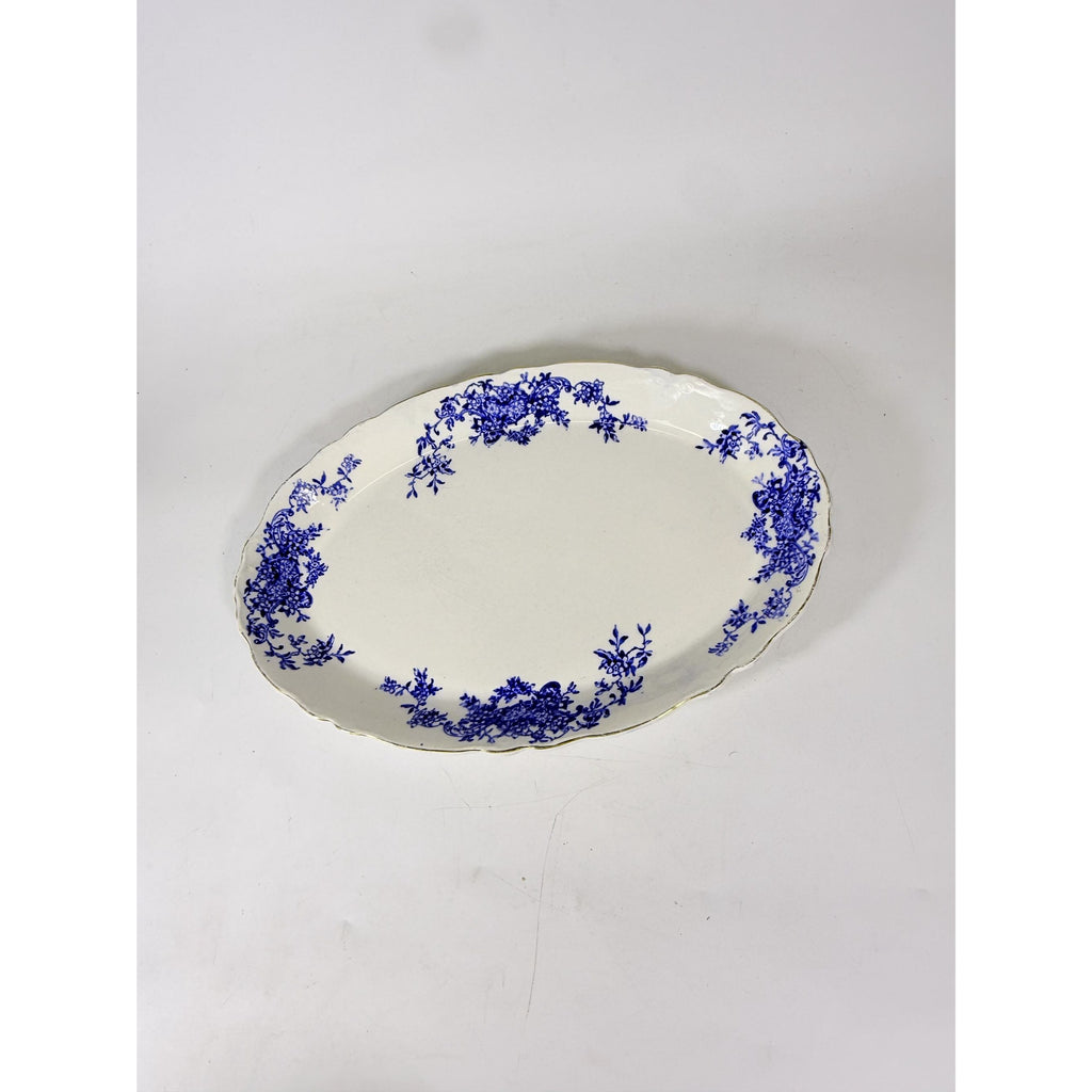 Transferware Rimmed Serving Platter Flow Blue Cresent Utophia Alpha Blue and White Replacement China Trenton NJ Ironstone