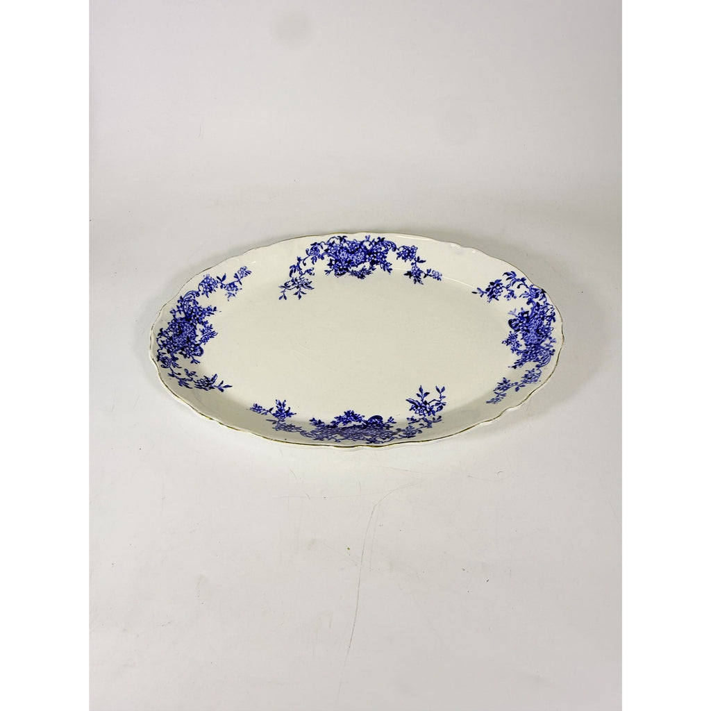 Transferware Rimmed Serving Platter Flow Blue Cresent Utophia Alpha Blue and White Replacement China Trenton NJ Ironstone