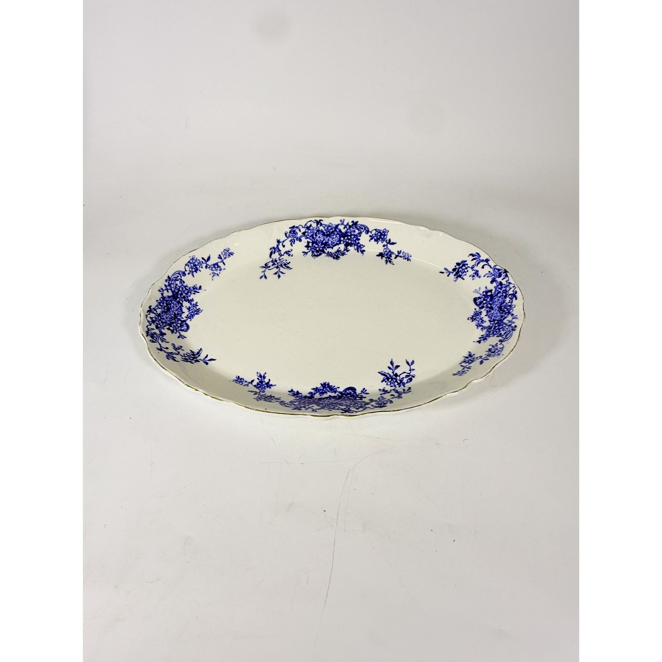 Transferware Rimmed Serving Platter Flow Blue Cresent Utophia Alpha Blue and White Replacement China Trenton NJ Ironstone