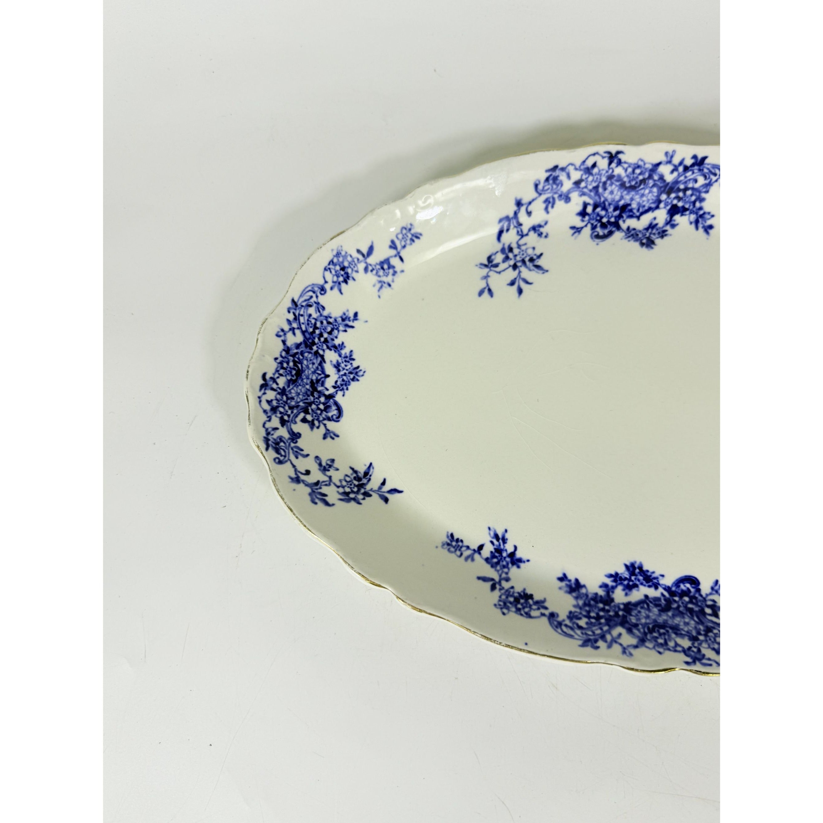 Transferware Rimmed Serving Platter Flow Blue Cresent Utophia Alpha Blue and White Replacement China Trenton NJ Ironstone