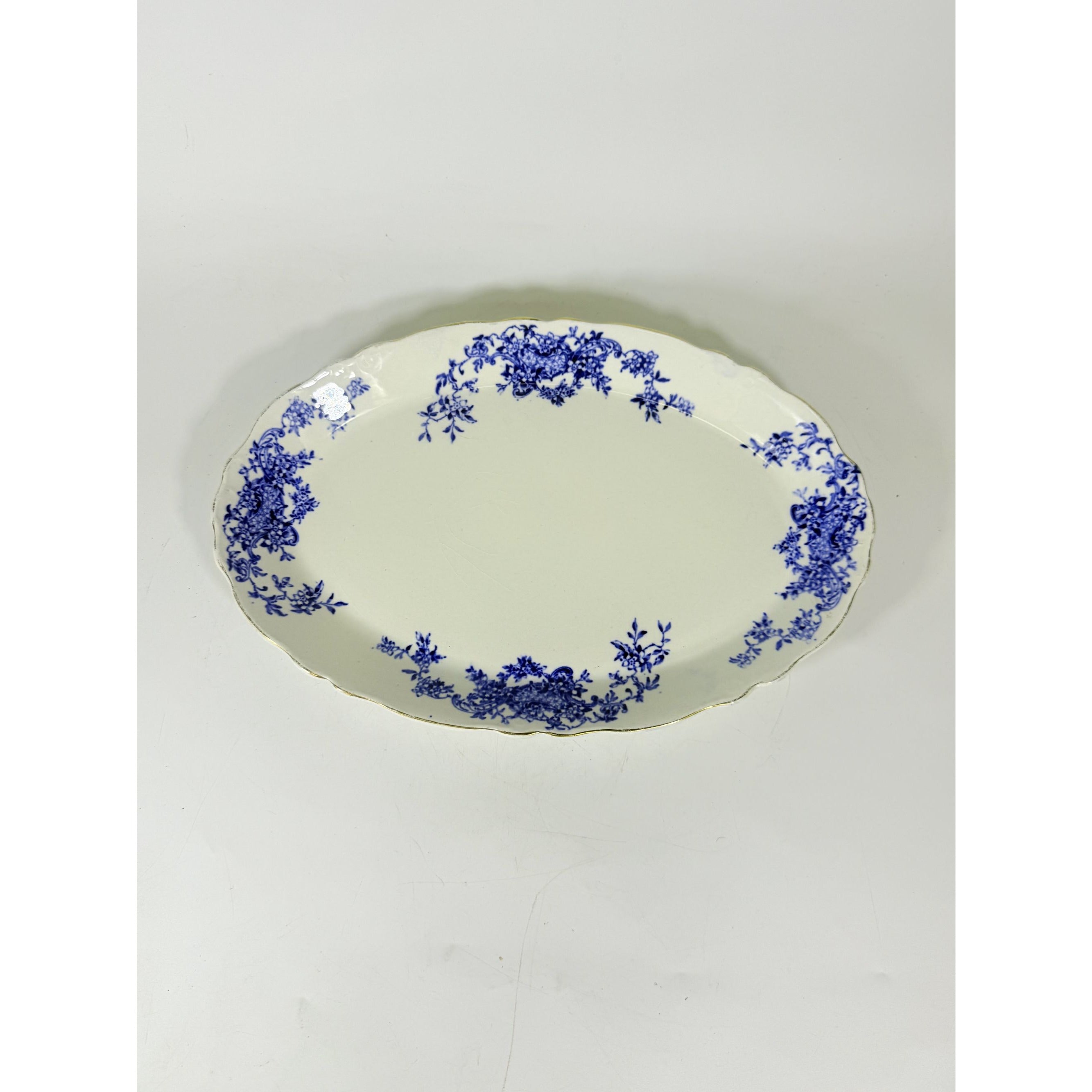 Transferware Rimmed Serving Platter Flow Blue Cresent Utophia Alpha Blue and White Replacement China Trenton NJ Ironstone