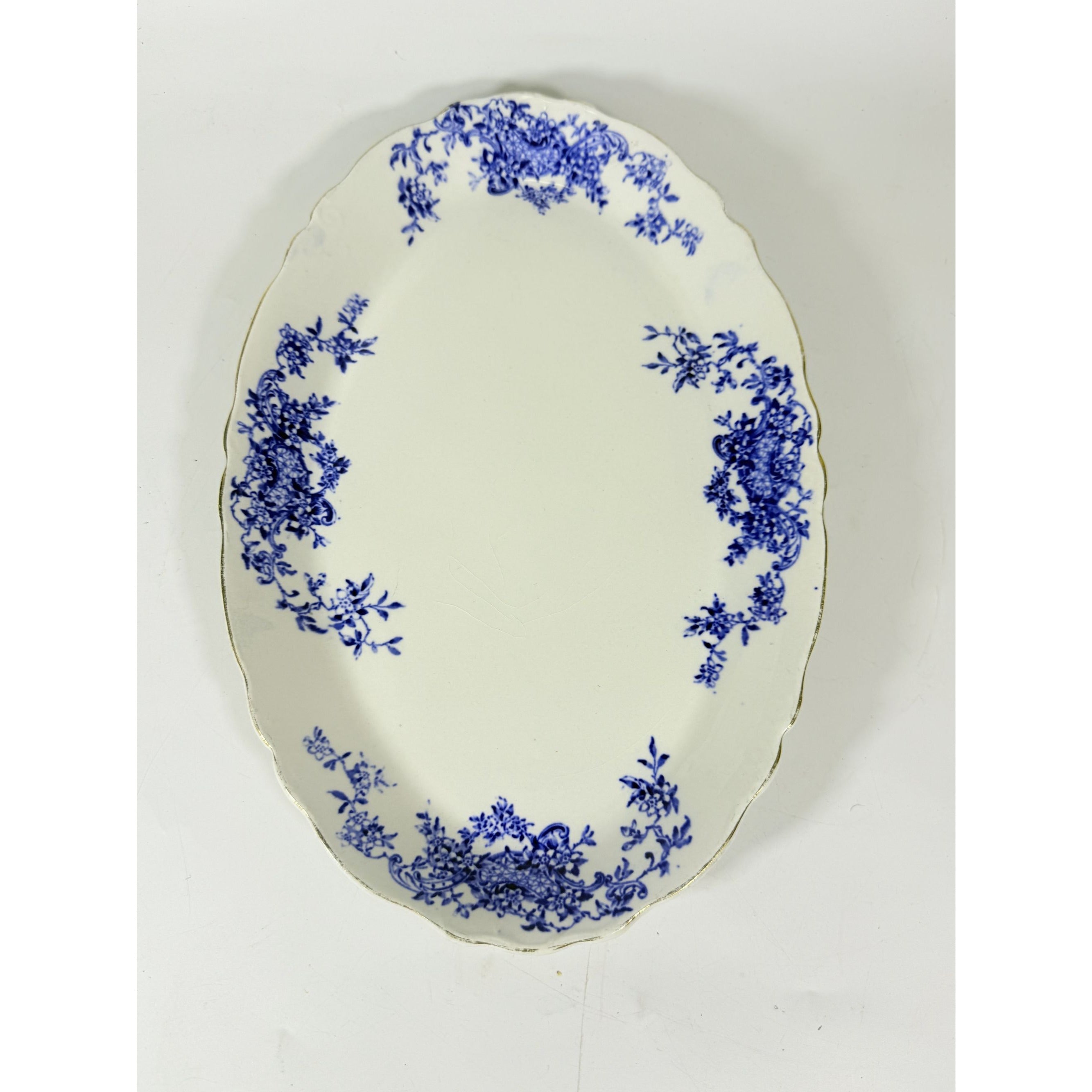 Transferware Rimmed Serving Platter Flow Blue Cresent Utophia Alpha Blue and White Replacement China Trenton NJ Ironstone