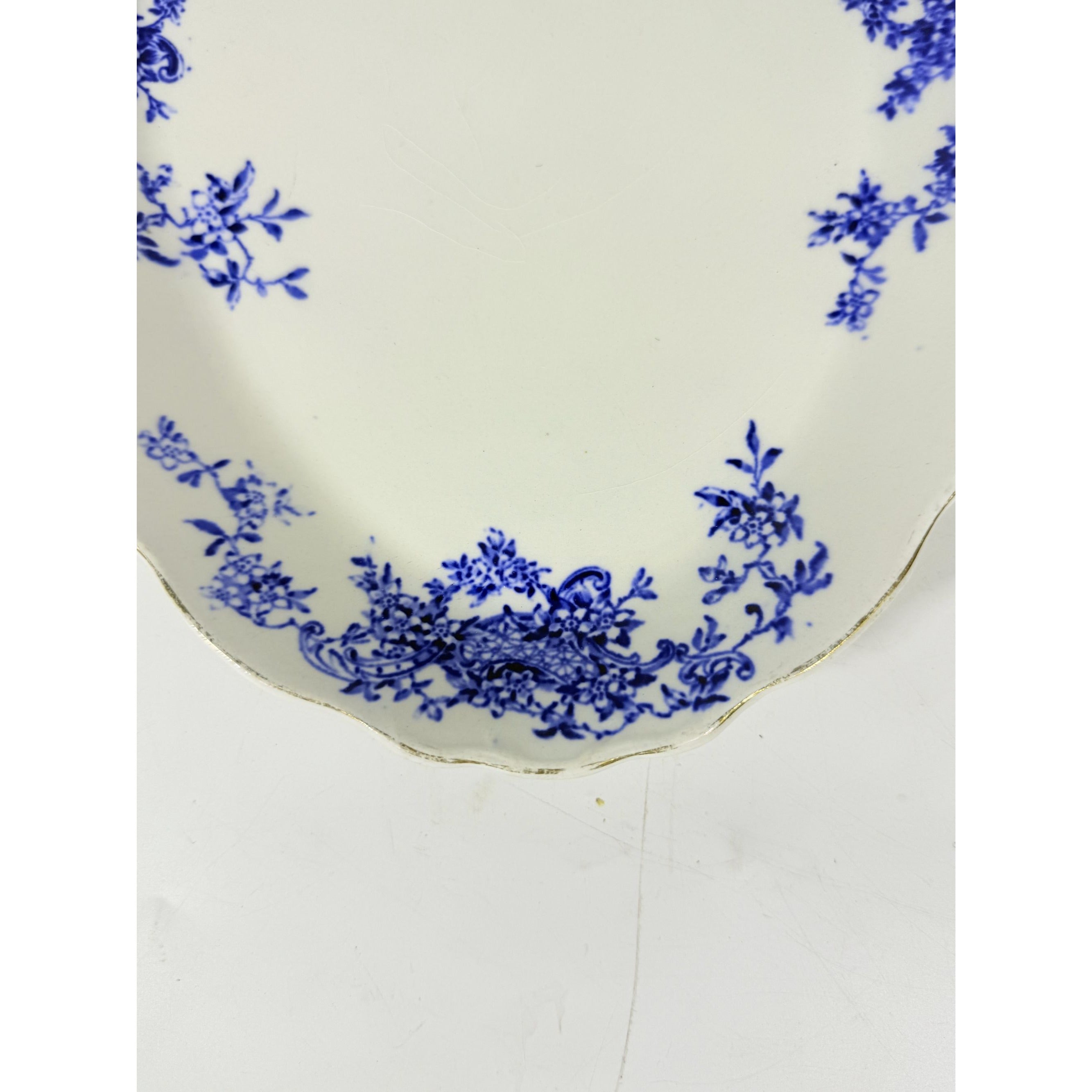 Transferware Rimmed Serving Platter Flow Blue Cresent Utophia Alpha Blue and White Replacement China Trenton NJ Ironstone