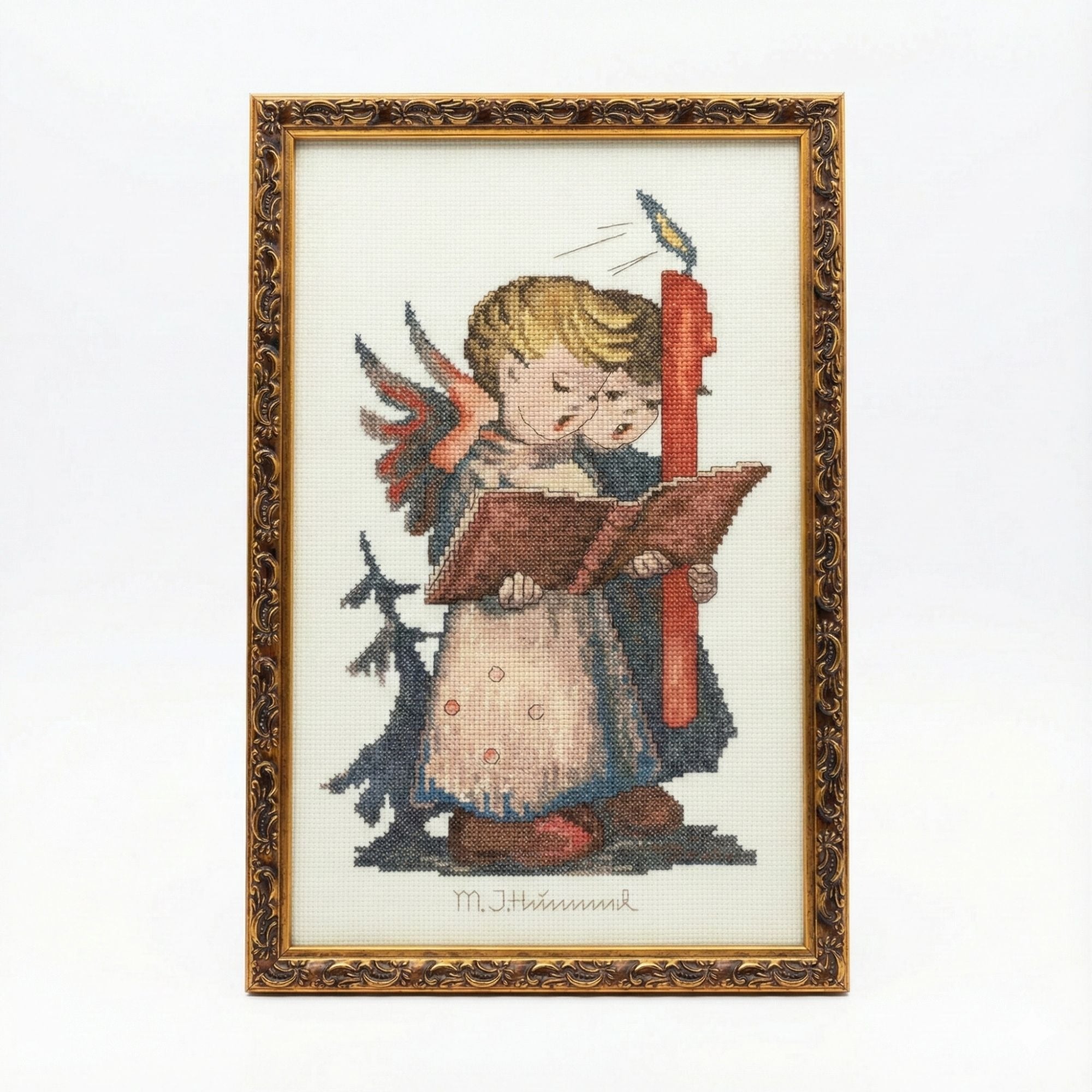Framed Cross Stitch Hummel Signging Angels Candle Gold Frame Christmas Holiday Seasonal Home Wall Decor Decorative Accents Vintage Collector