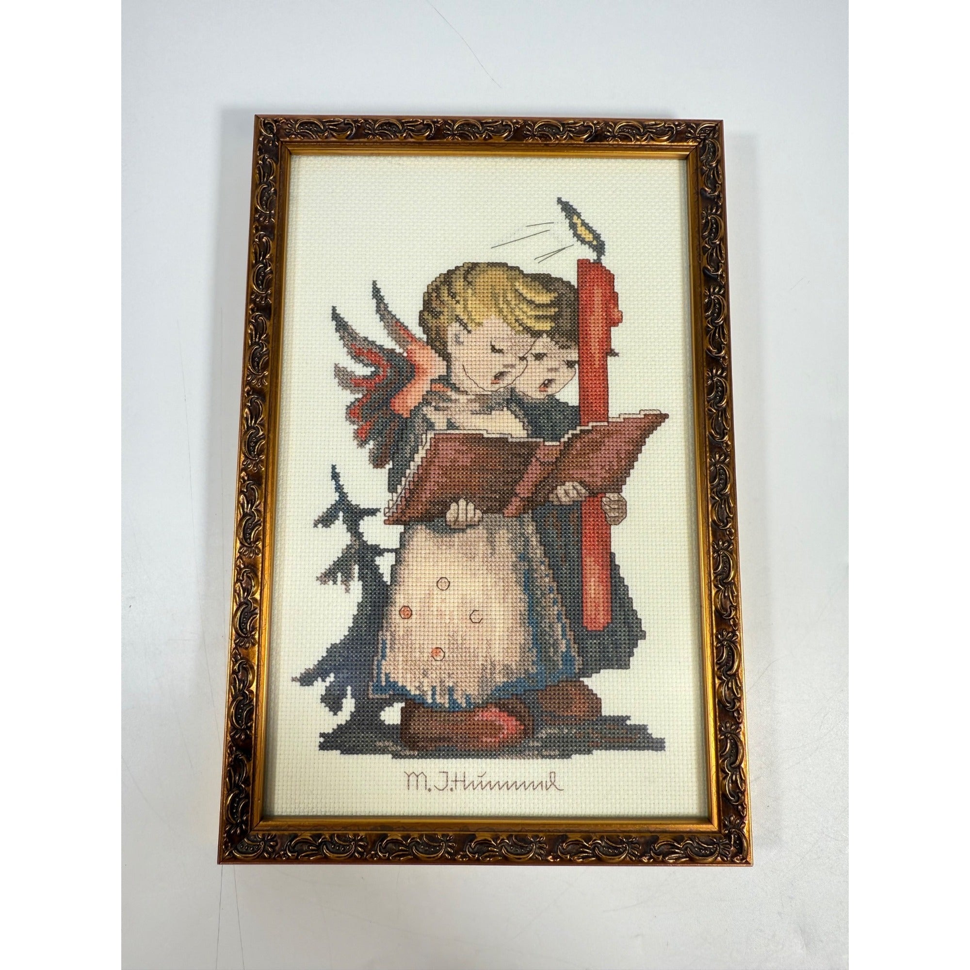 Framed Cross Stitch Hummel Signging Angels Candle Gold Frame Christmas Holiday Seasonal Home Wall Decor Decorative Accents Vintage Collector