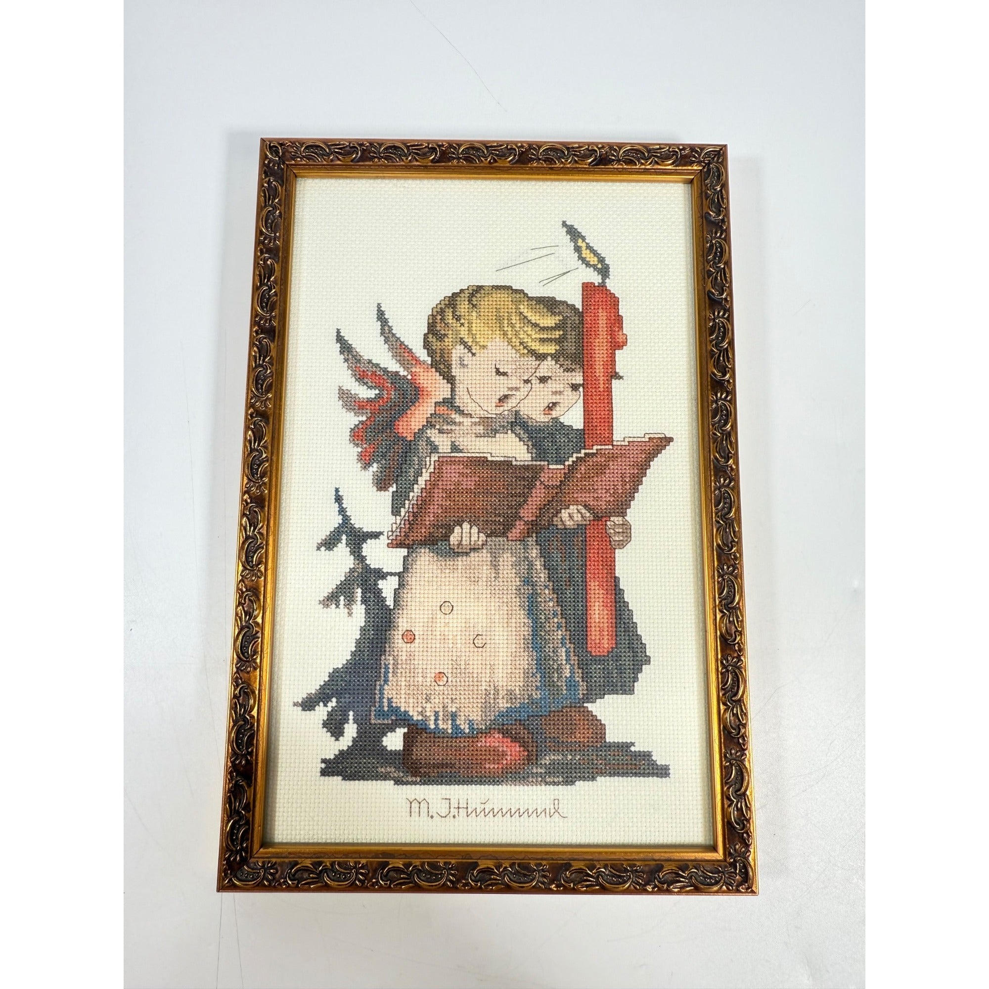 Framed Cross Stitch Hummel Signging Angels Candle Gold Frame Christmas Holiday Seasonal Home Wall Decor Decorative Accents Vintage Collector