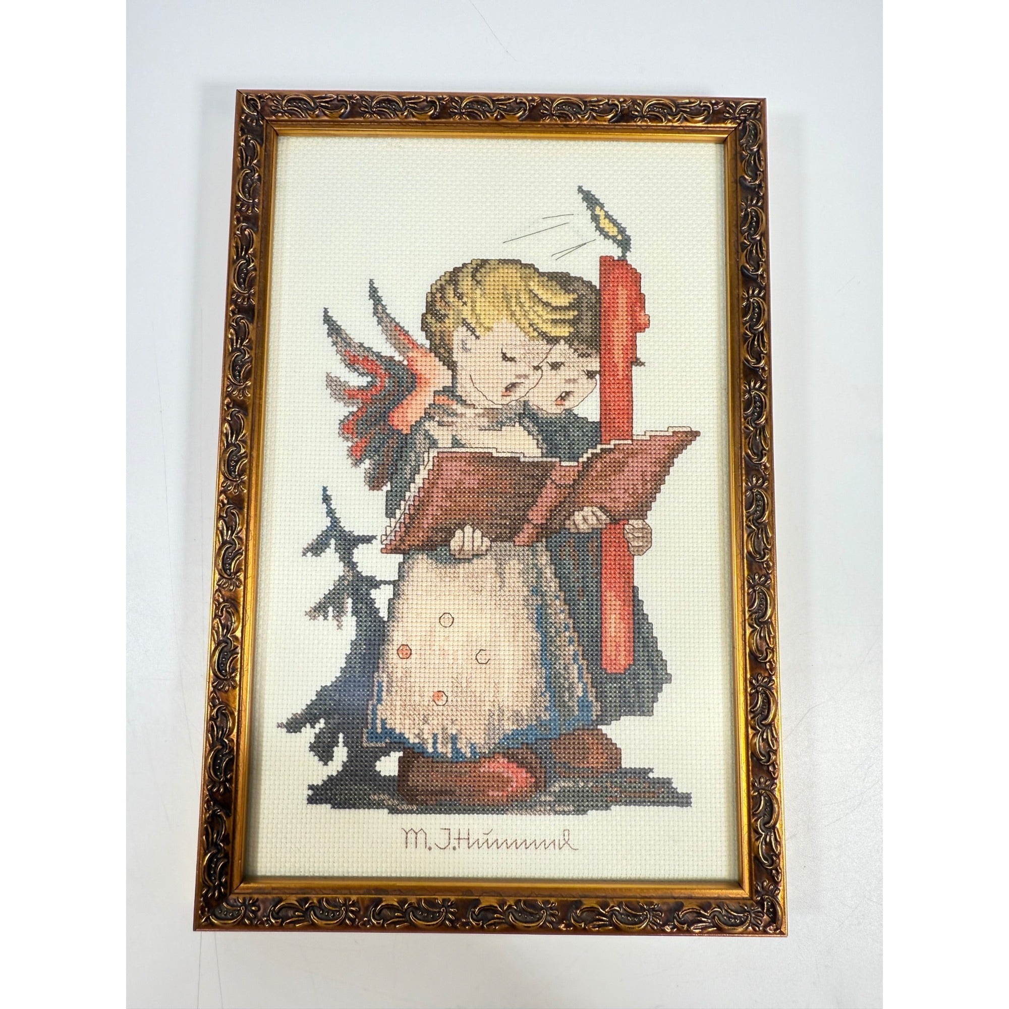 Framed Cross Stitch Hummel Signging Angels Candle Gold Frame Christmas Holiday Seasonal Home Wall Decor Decorative Accents Vintage Collector