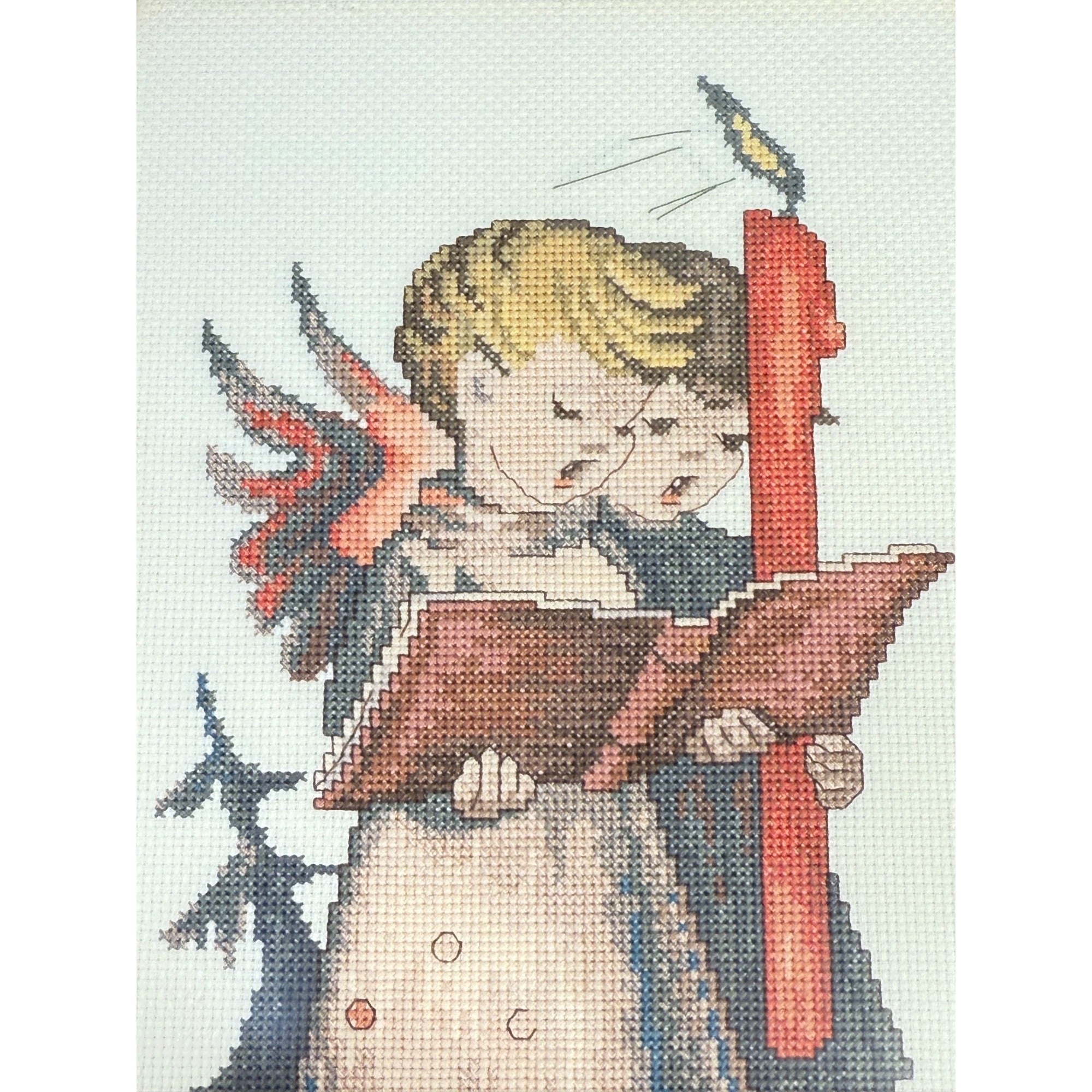 Framed Cross Stitch Hummel Signging Angels Candle Gold Frame Christmas Holiday Seasonal Home Wall Decor Decorative Accents Vintage Collector