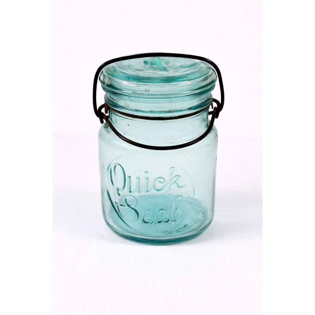 Canning Fruit Jar Quick Seal Ball Pint Size Wire Bail Aqua Blue Bubble Glass Lid Turquiose Vintage 1908 Antique Farmhouse Primitive Granny