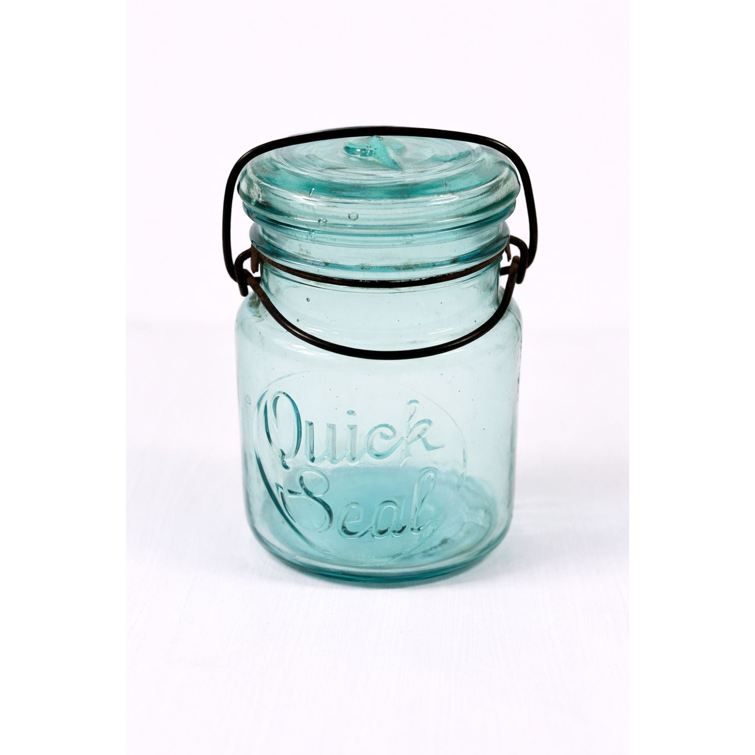 Canning Fruit Jar Quick Seal Ball Pint Size Wire Bail Aqua Blue Bubble Glass Lid Turquiose Vintage 1908 Antique Farmhouse Primitive Granny