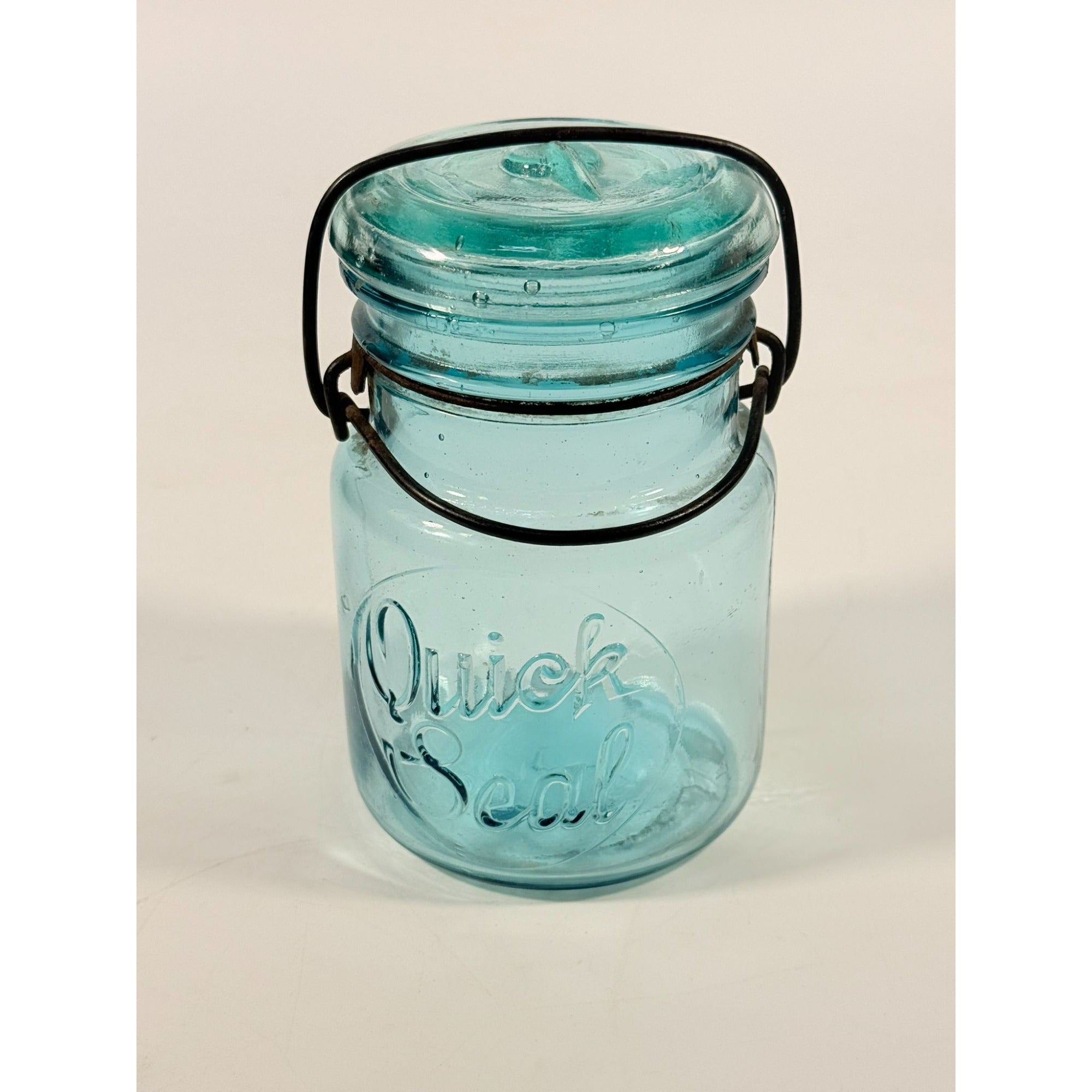 Canning Fruit Jar Quick Seal Ball Pint Size Wire Bail Aqua Blue Bubble Glass Lid Turquiose Vintage 1908 Antique Farmhouse Primitive Granny