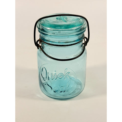 Canning Fruit Jar Quick Seal Ball Pint Size Wire Bail Aqua Blue Bubble Glass Lid Turquiose Vintage 1908 Antique Farmhouse Primitive Granny