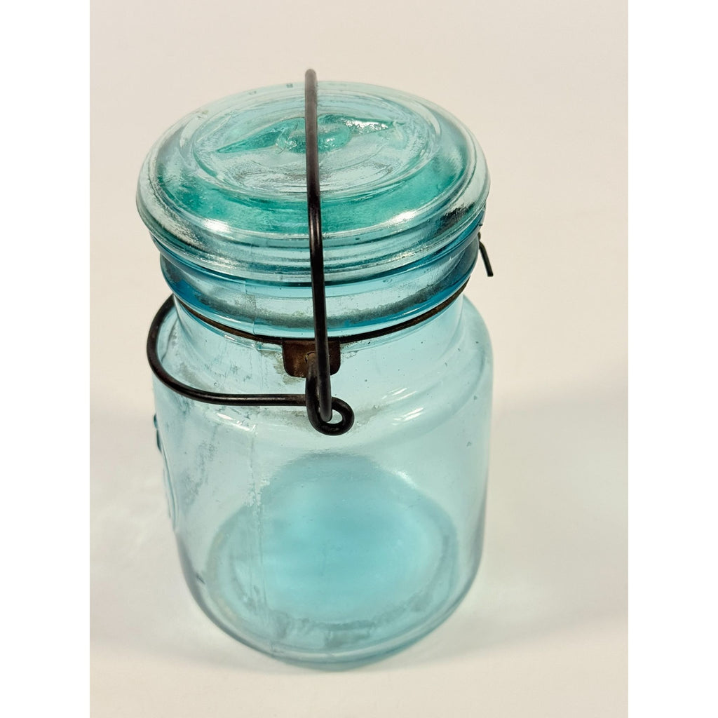 Canning Fruit Jar Quick Seal Ball Pint Size Wire Bail Aqua Blue Bubble Glass Lid Turquiose Vintage 1908 Antique Farmhouse Primitive Granny