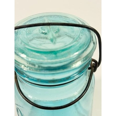Canning Fruit Jar Quick Seal Ball Pint Size Wire Bail Aqua Blue Bubble Glass Lid Turquiose Vintage 1908 Antique Farmhouse Primitive Granny