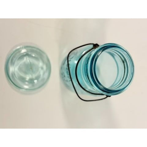 Canning Fruit Jar Quick Seal Ball Pint Size Wire Bail Aqua Blue Bubble Glass Lid Turquiose Vintage 1908 Antique Farmhouse Primitive Granny
