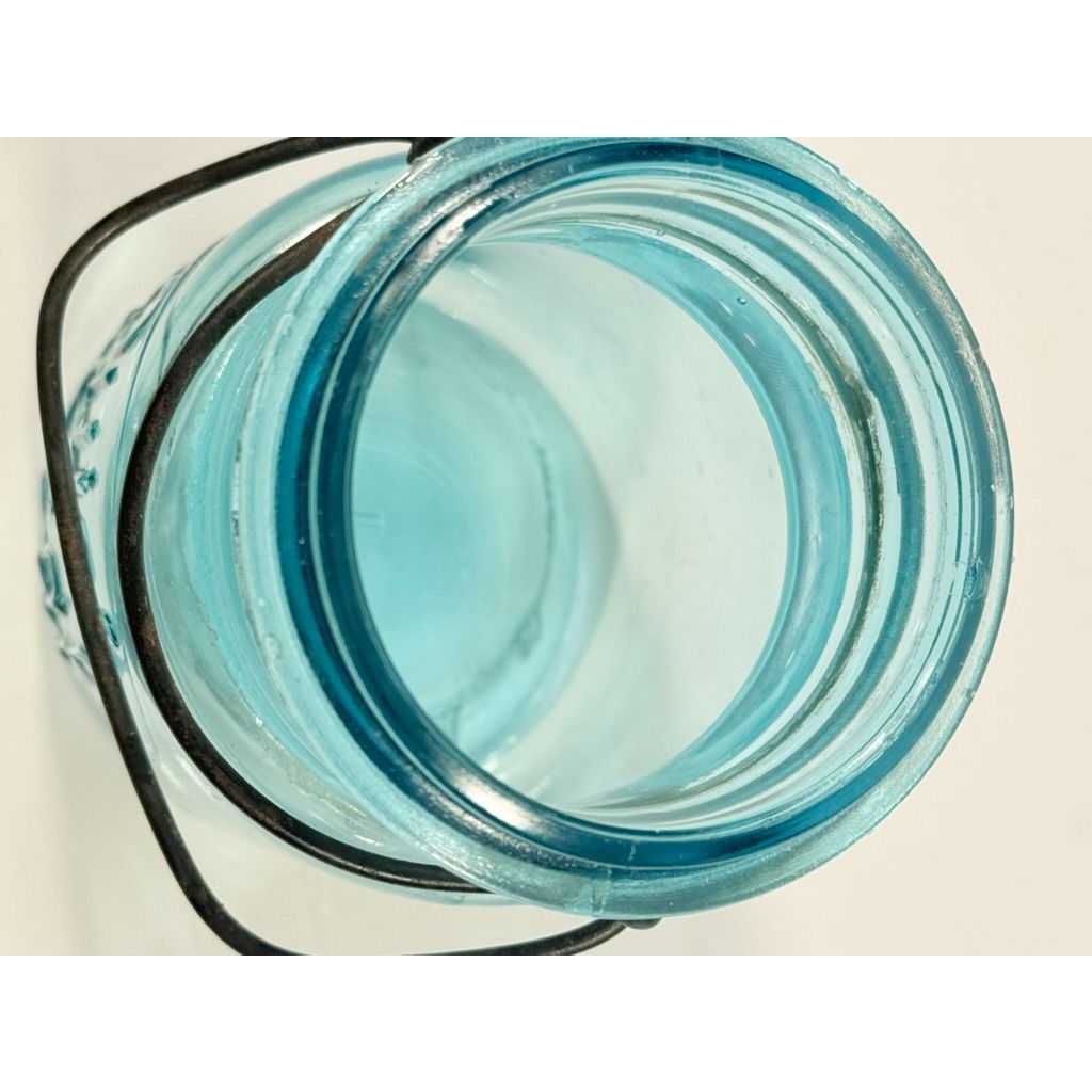 Canning Fruit Jar Quick Seal Ball Pint Size Wire Bail Aqua Blue Bubble Glass Lid Turquiose Vintage 1908 Antique Farmhouse Primitive Granny