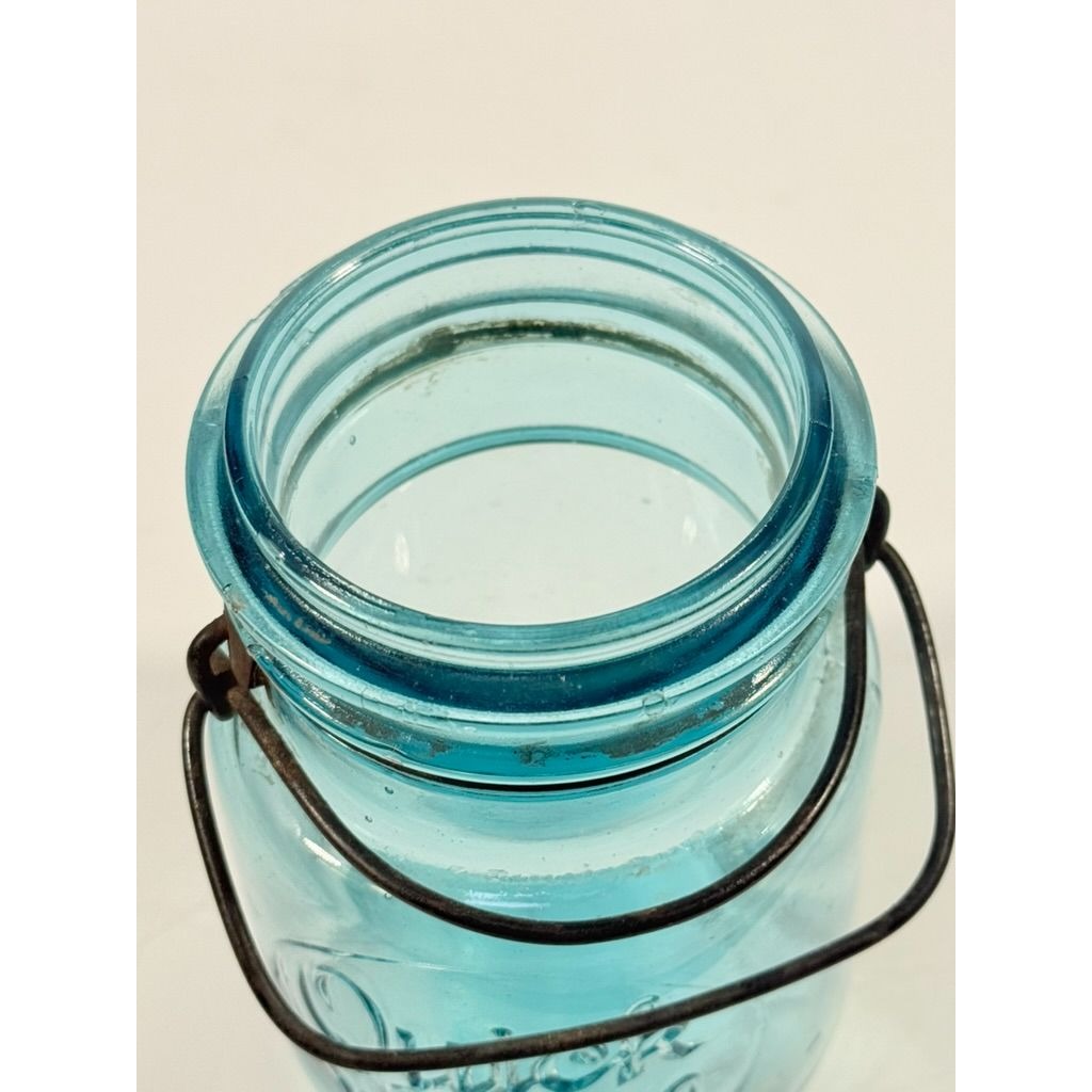 Canning Fruit Jar Quick Seal Ball Pint Size Wire Bail Aqua Blue Bubble Glass Lid Turquiose Vintage 1908 Antique Farmhouse Primitive Granny