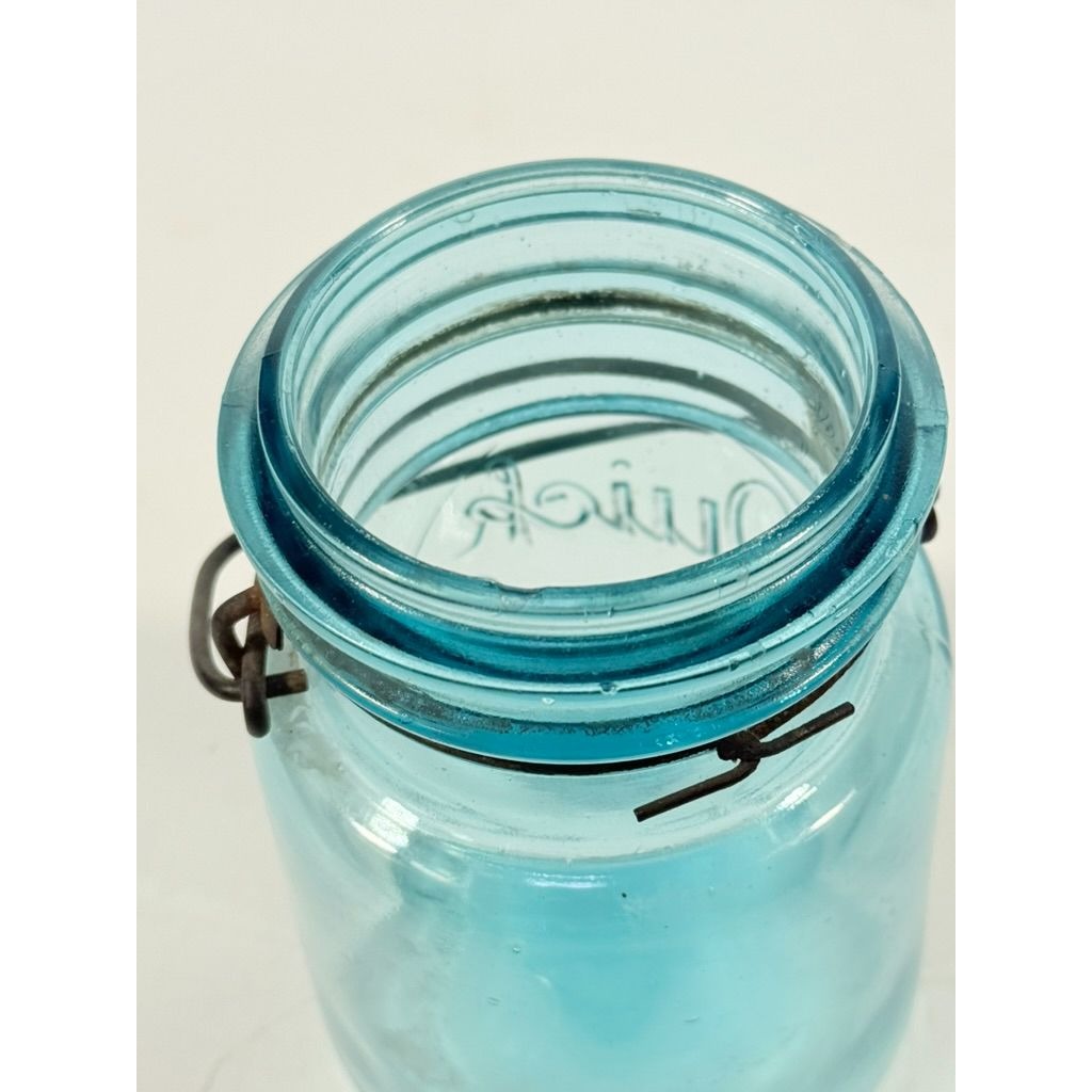 Canning Fruit Jar Quick Seal Ball Pint Size Wire Bail Aqua Blue Bubble Glass Lid Turquiose Vintage 1908 Antique Farmhouse Primitive Granny