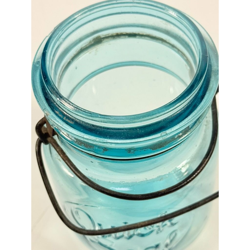 Canning Fruit Jar Quick Seal Ball Pint Size Wire Bail Aqua Blue Bubble Glass Lid Turquiose Vintage 1908 Antique Farmhouse Primitive Granny