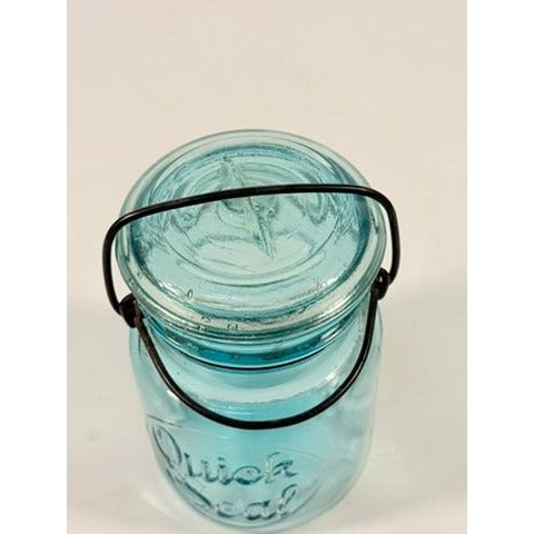 Canning Fruit Jar Quick Seal Ball Pint Size Wire Bail Aqua Blue Bubble Glass Lid Turquiose Vintage 1908 Antique Farmhouse Primitive Granny